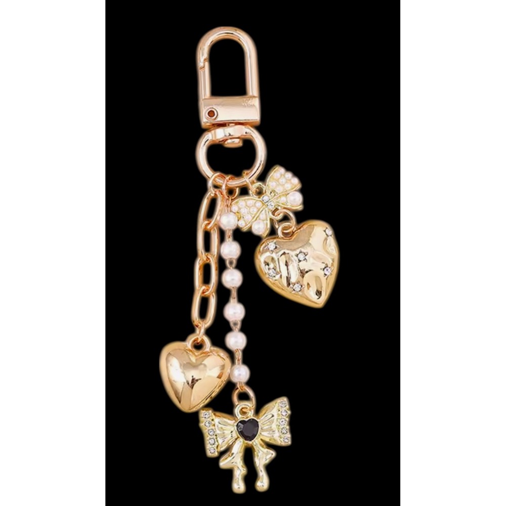Gold Heart Pearl Bow Keychain‎ Bag Charm Rhinestone Coquette Y2K Accessory